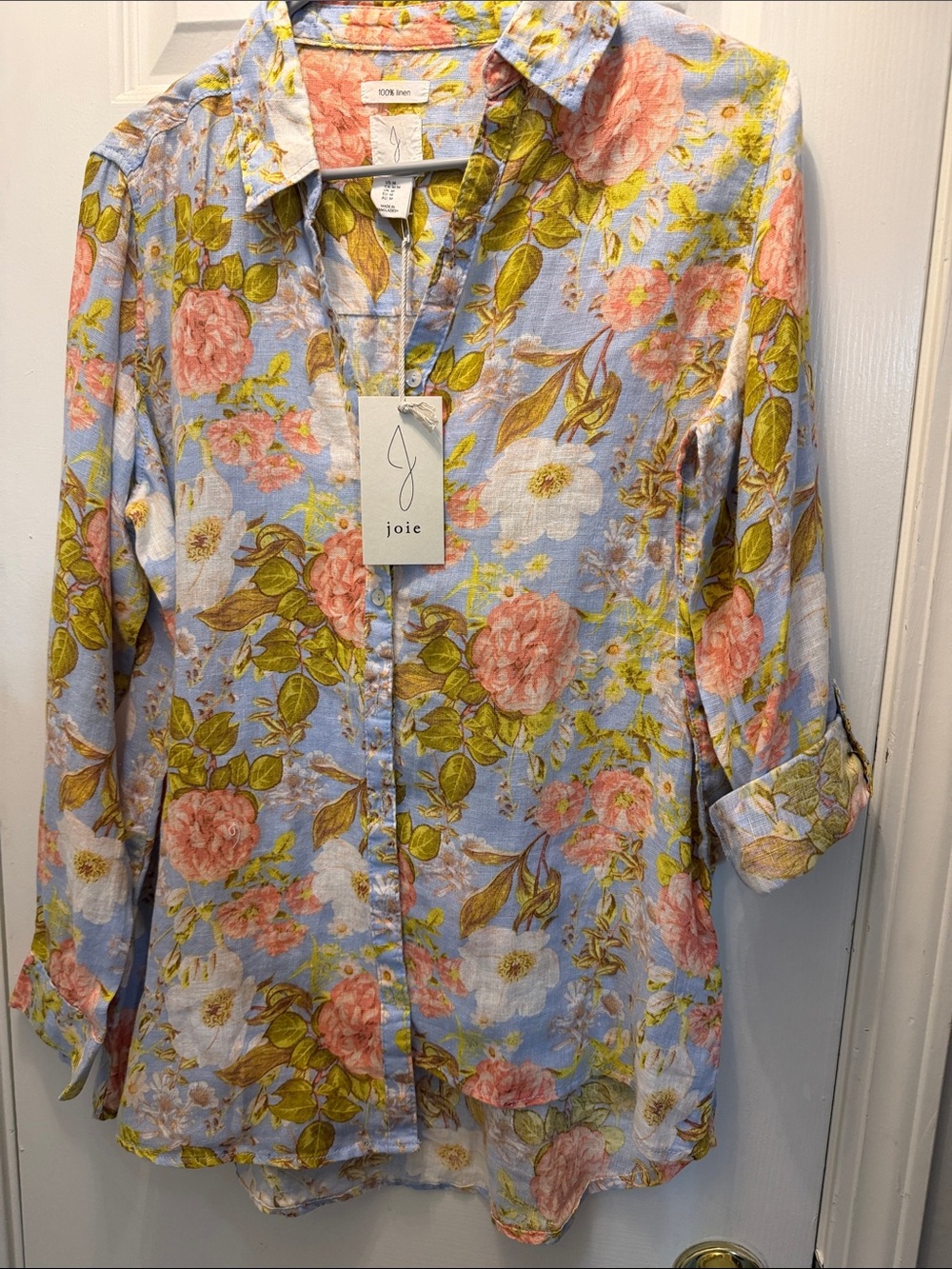 Joie Blue Floral Button-Down Blouse with Pink Blooms 100% linen